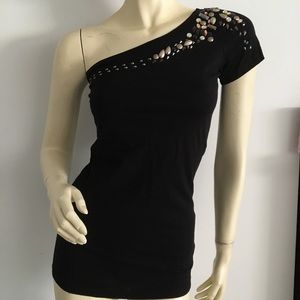 Black one shoulder short sleeve top with beads